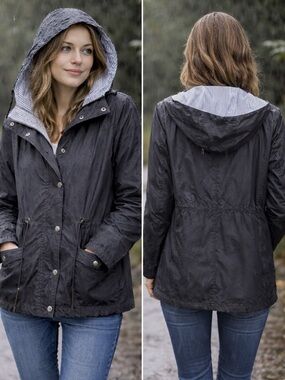 Women's Black Rain Jacket with Hooded Stripe Lining